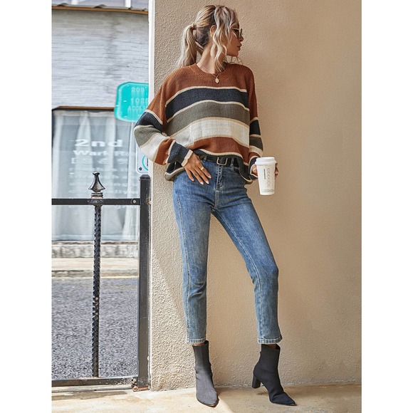 Striped stripe soft knit Oversized Sweater fall tan gray green cream tan - Picture 3 of 8